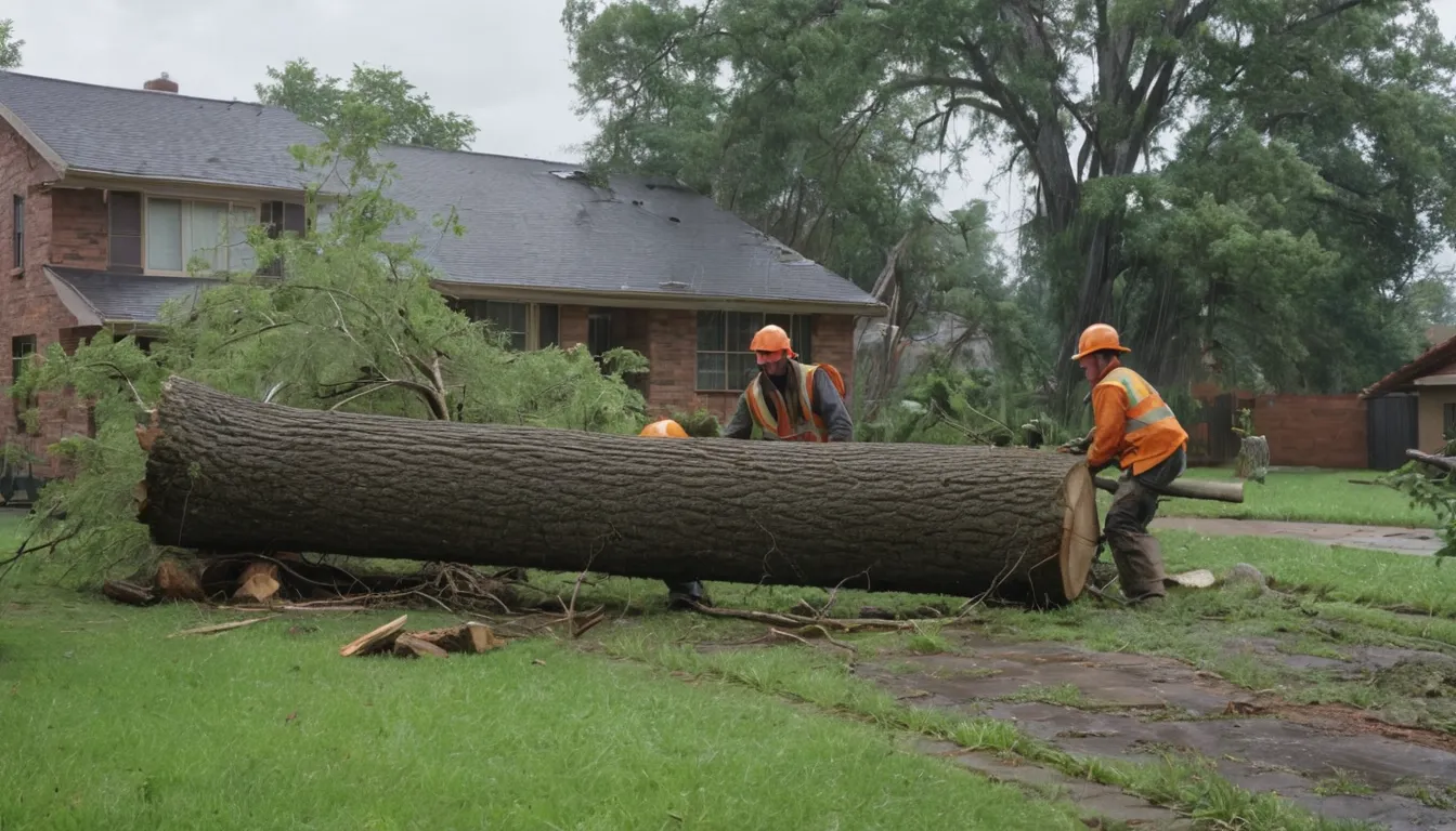 Fallen tree being cut and cleared from a home's yard after a storm in the Godfrey area
